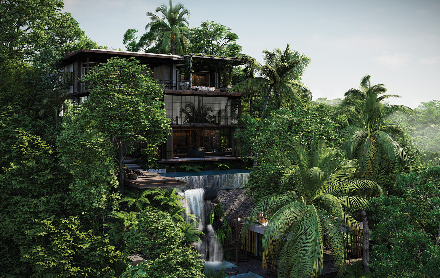 Luxury jungle house with waterfall view