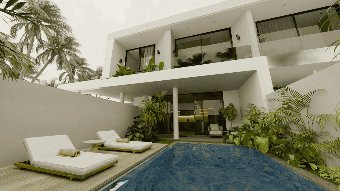 Modern villa with pool and palm trees