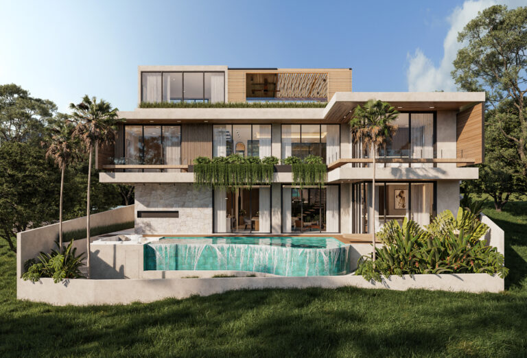 Modern villa with pool and lush greenery.