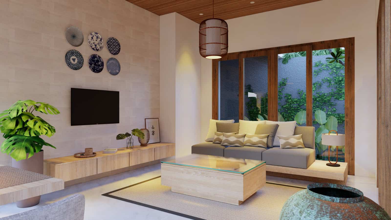 Modern living room with wooden furniture and large windows.