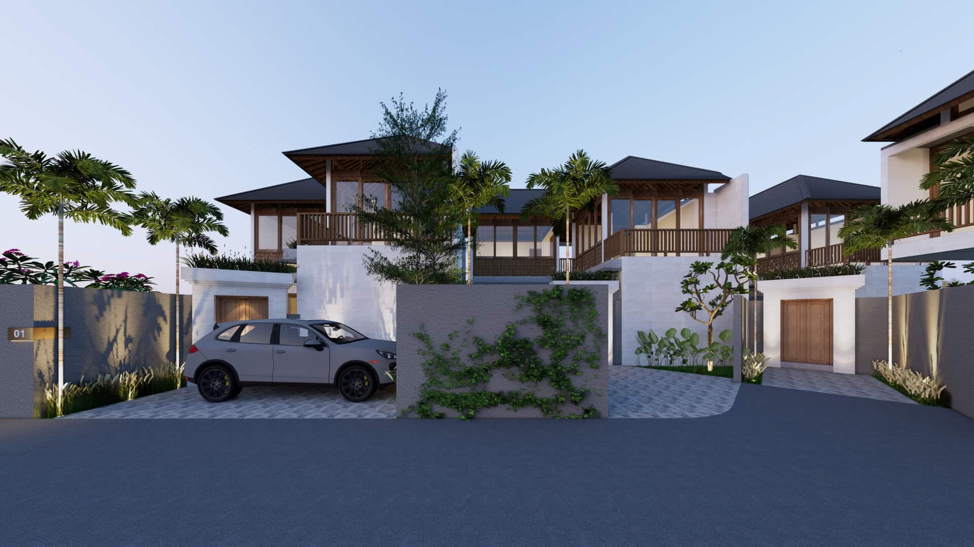 Modern home with car and palm trees.
