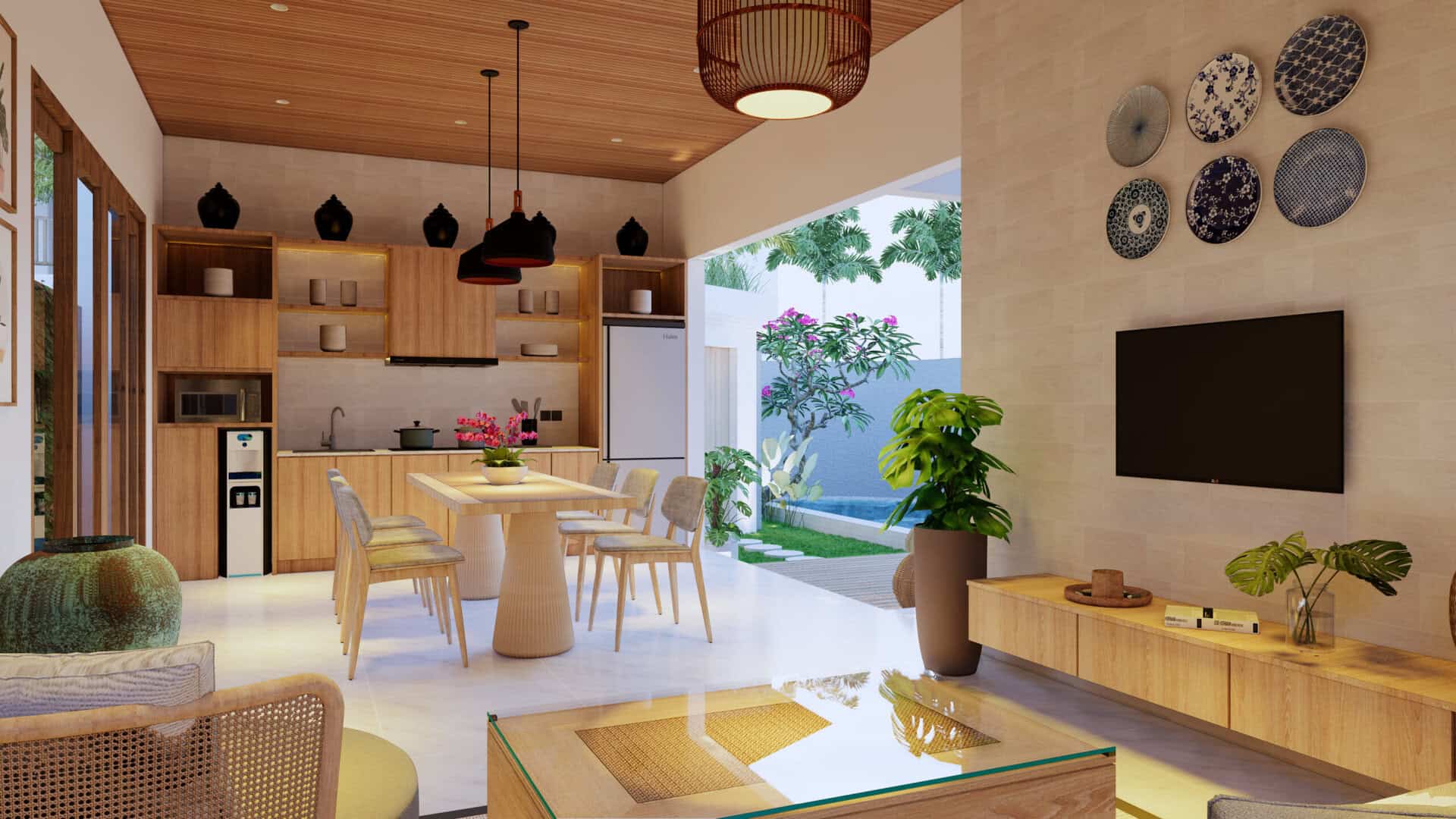 Modern kitchen with outdoor view and wooden decor.