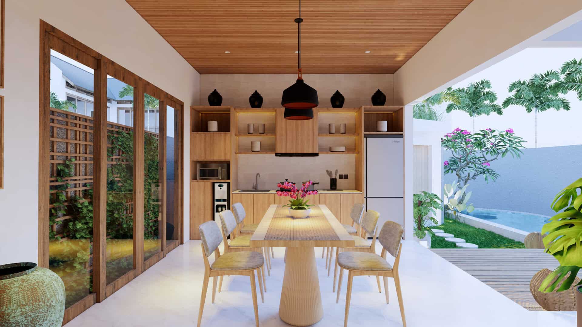 Modern kitchen with outdoor view.