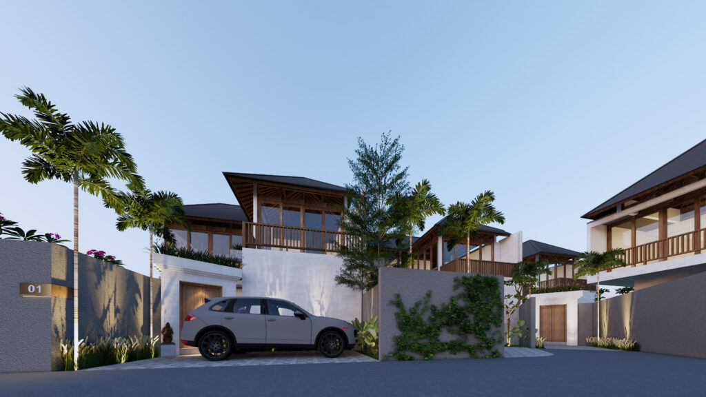 Modern villa complex with a parked car