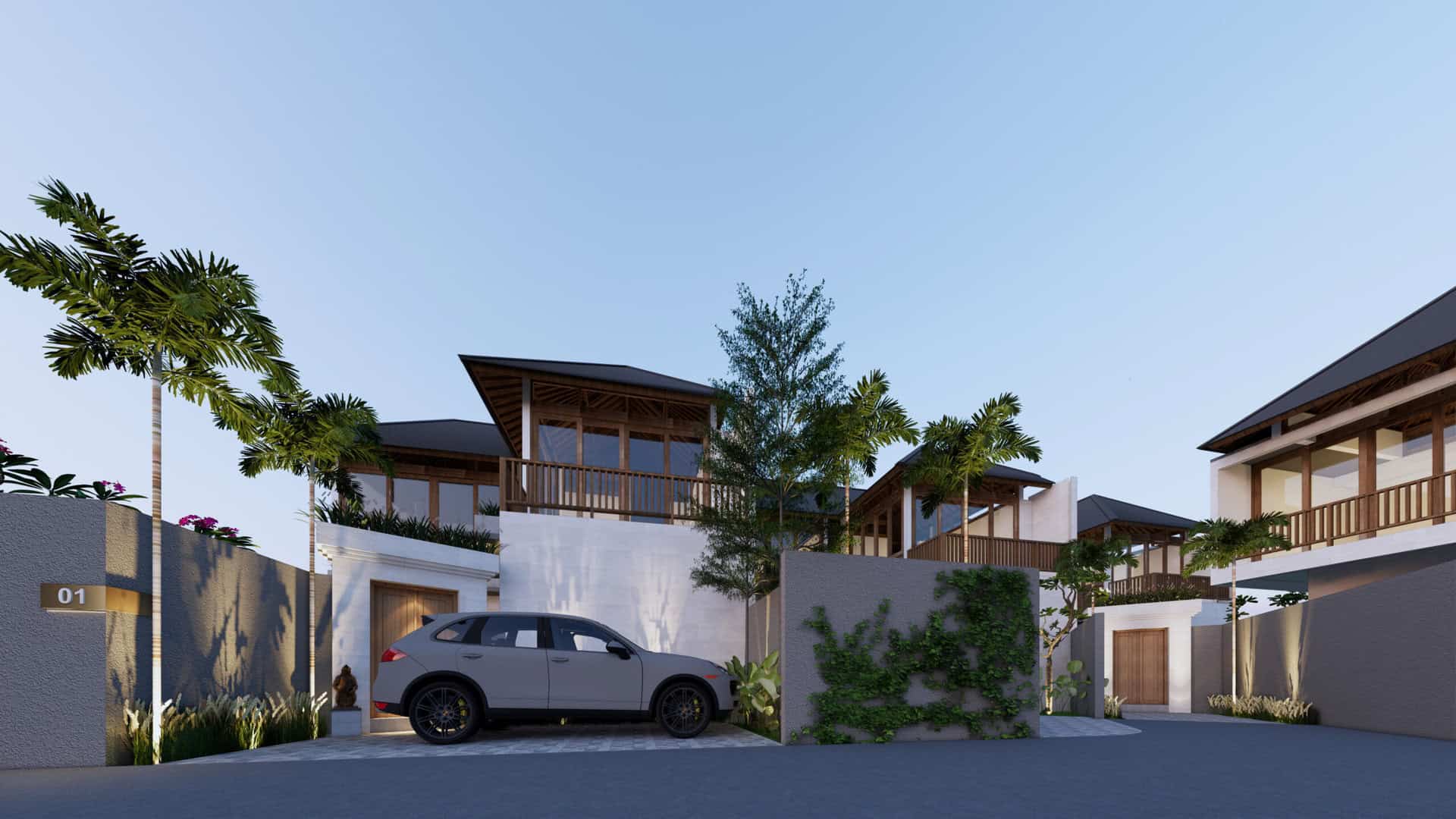 Modern villa complex with a parked car