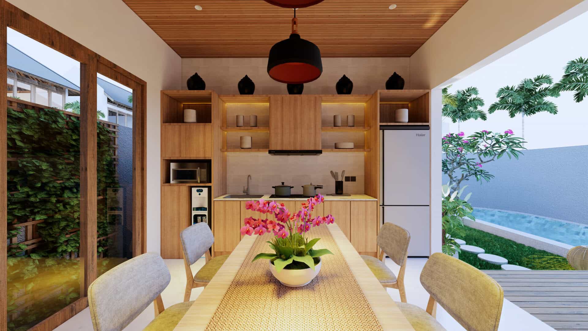 Modern kitchen with garden view.