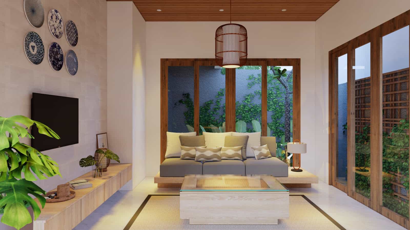 Modern living room with indoor plants and wall decor.