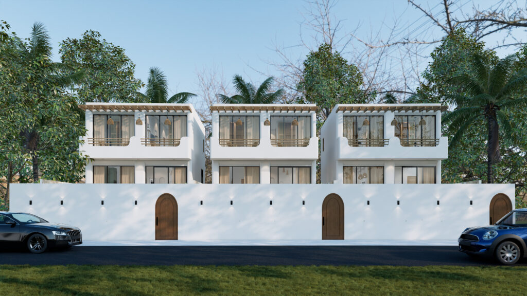 Modern white villas with trees and cars.