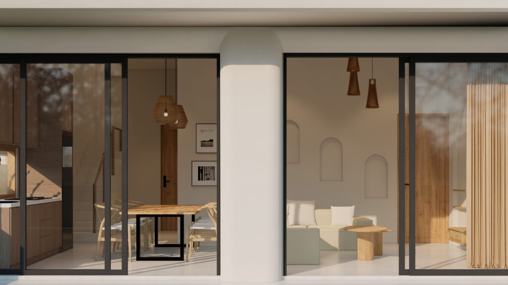 Modern interior with wood accents and large windows.