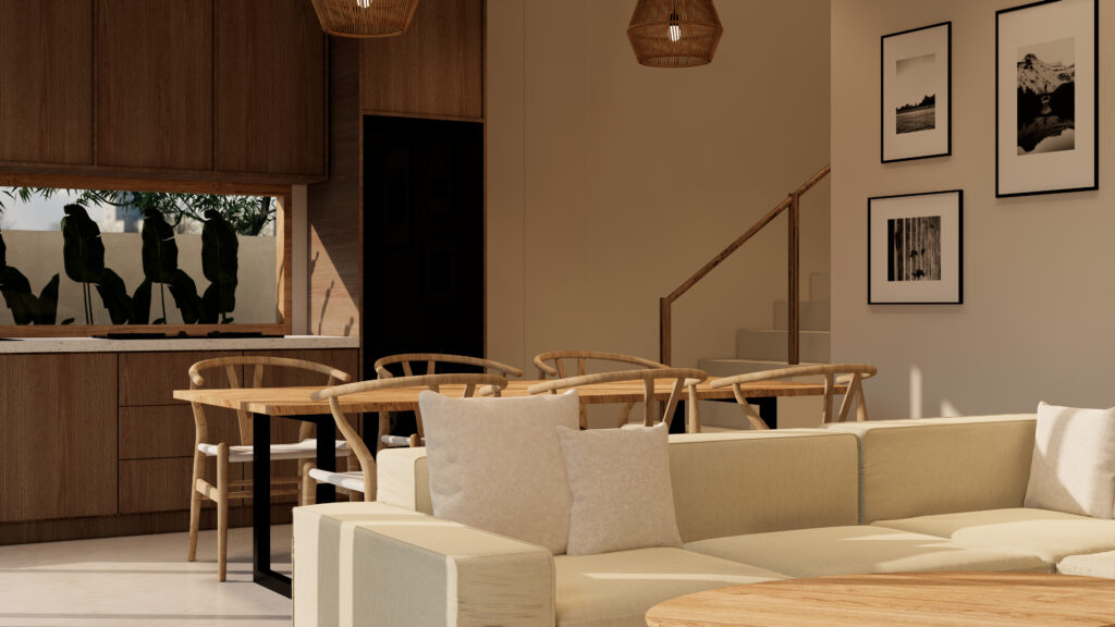 Modern kitchen and dining area with wooden furniture.