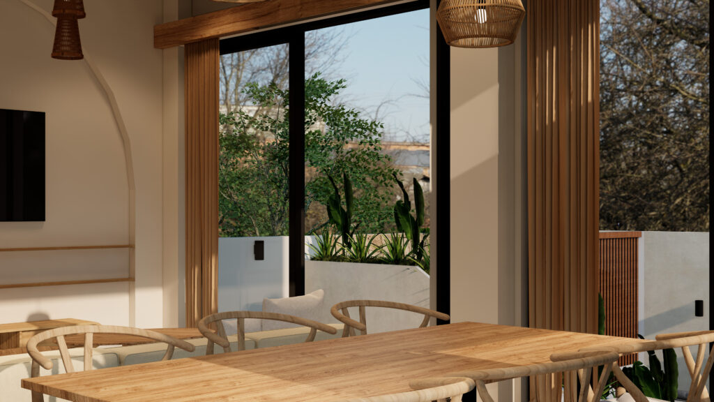 Modern dining area with large windows