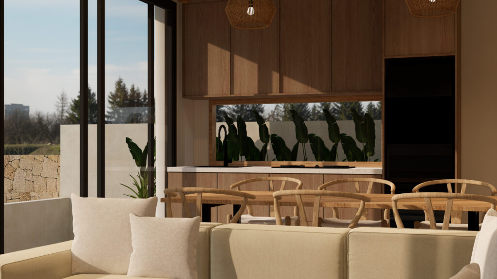 Modern kitchen and dining area with large windows.