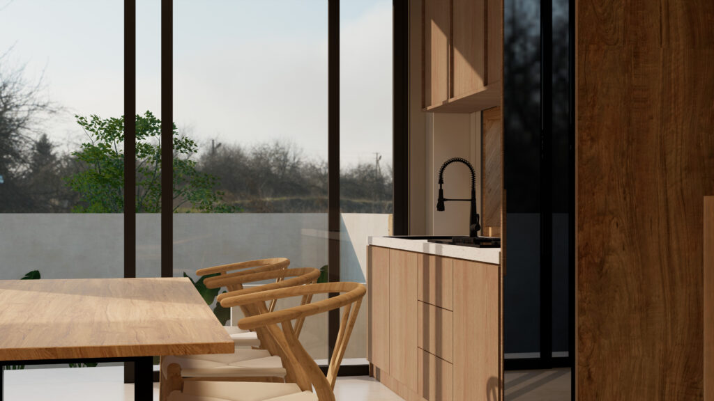 Modern kitchen with wooden furniture and large windows.