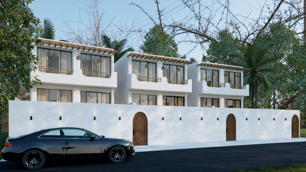 Modern white townhouses with balconies and wooden doors.