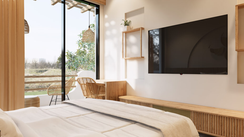 Modern bedroom with balcony and large TV
