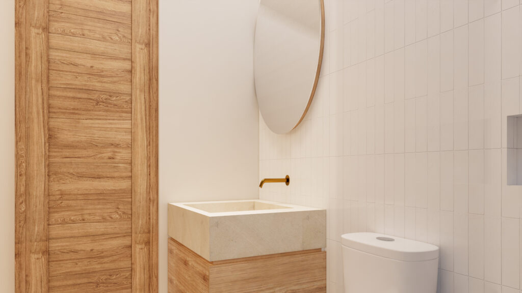 Modern bathroom with wooden door, sink, and toilet.