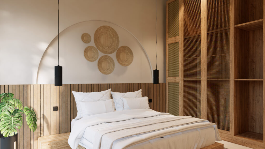 Modern bedroom with wooden decor.