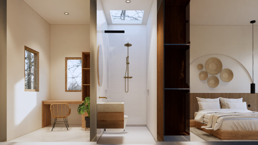 Modern bedroom, bathroom, and office space.