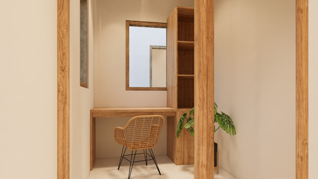 Cozy wooden desk with mirror and chair