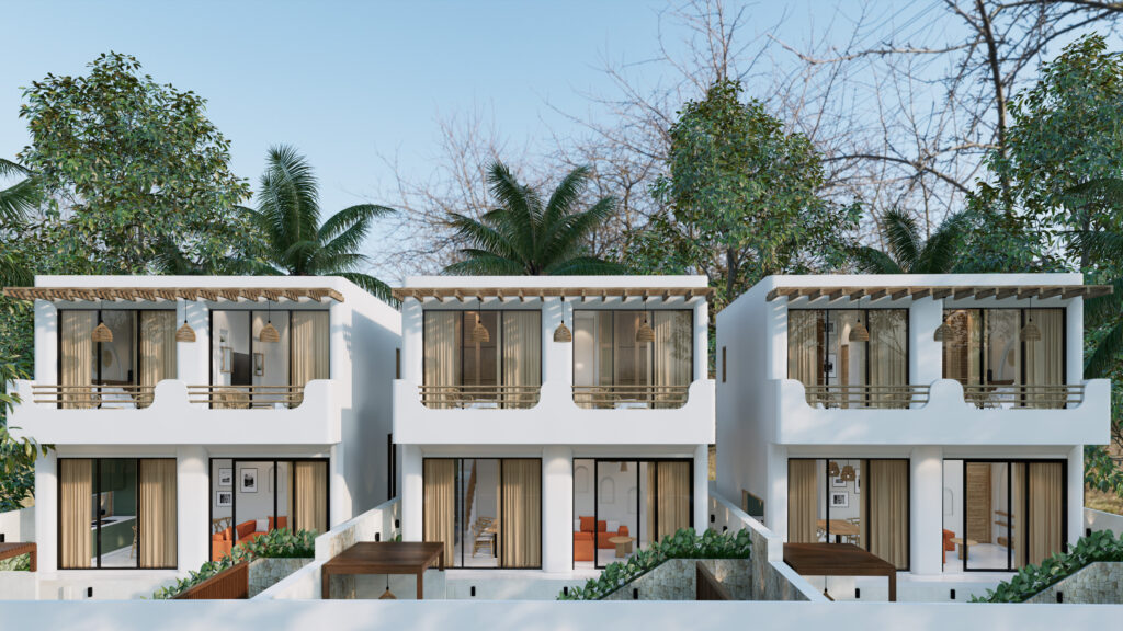 Modern townhouses with terrace and greenery