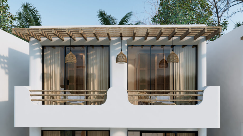 Modern house with a balcony and large windows.