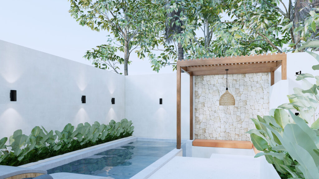 Modern outdoor garden with pool and pergola