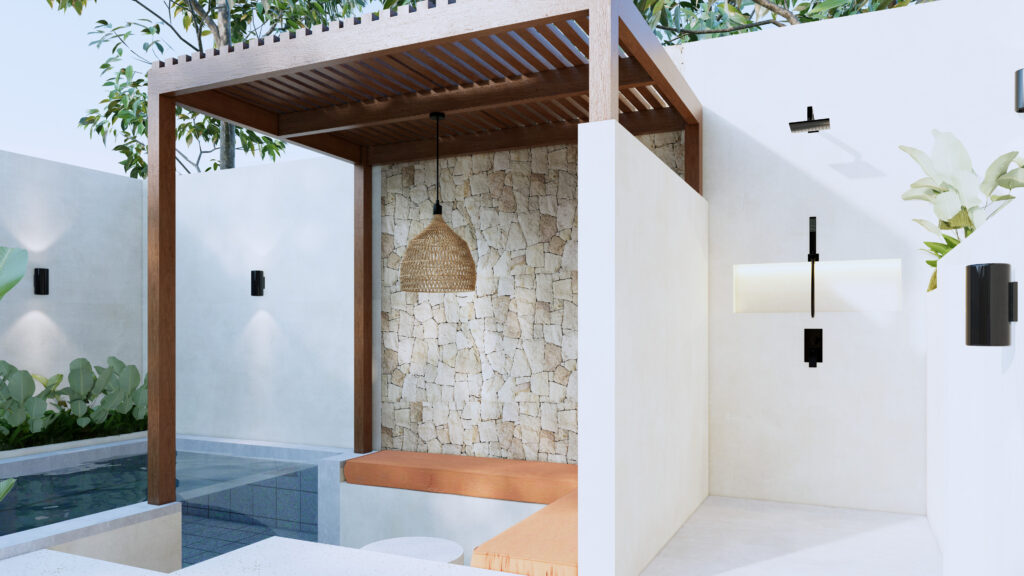 Modern outdoor pool with wooden pergola