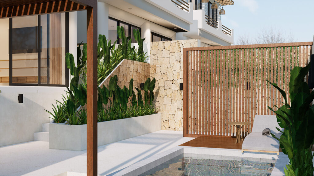 Modern outdoor patio with pool and greenery.