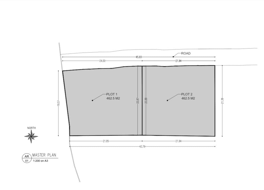 Master plan showing two land plots with dimensions.