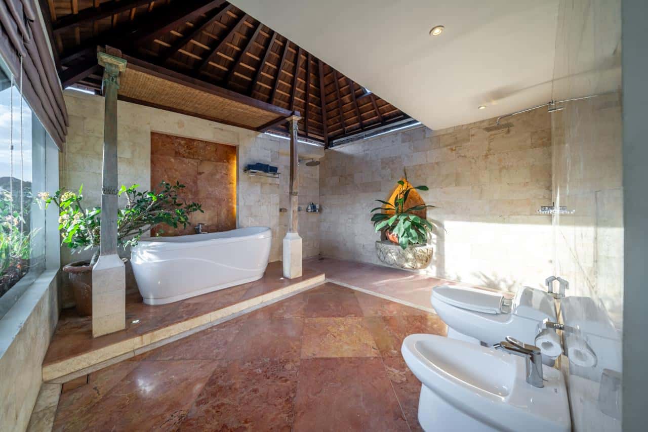 Spacious luxurious bathroom with natural light