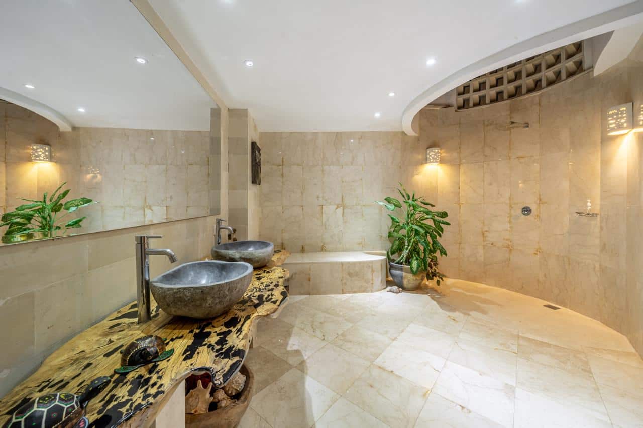 Luxurious bathroom with stone sinks and plants.