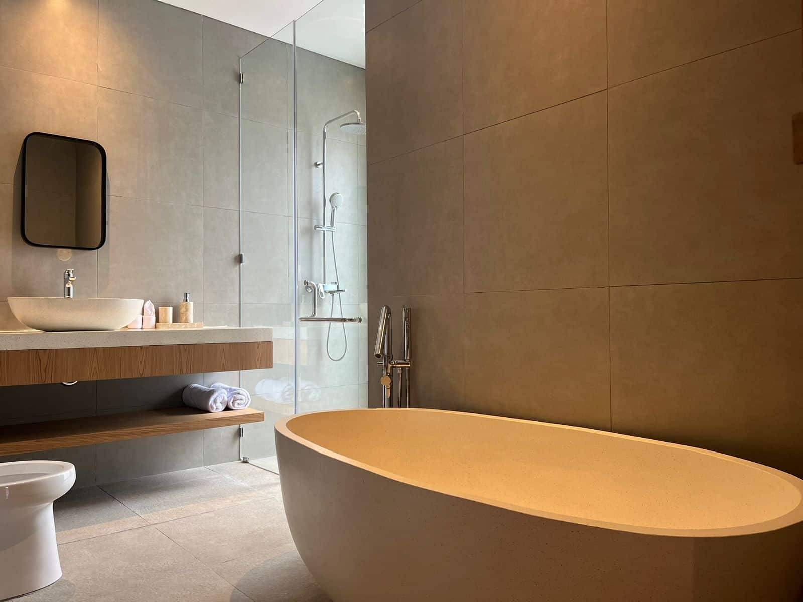 Modern bathroom with bathtub and shower