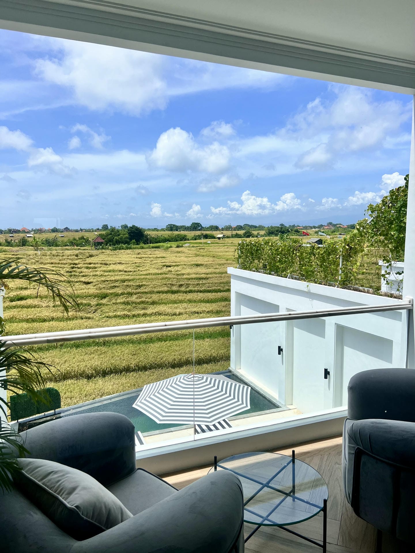 Scenic view from modern balcony with fields