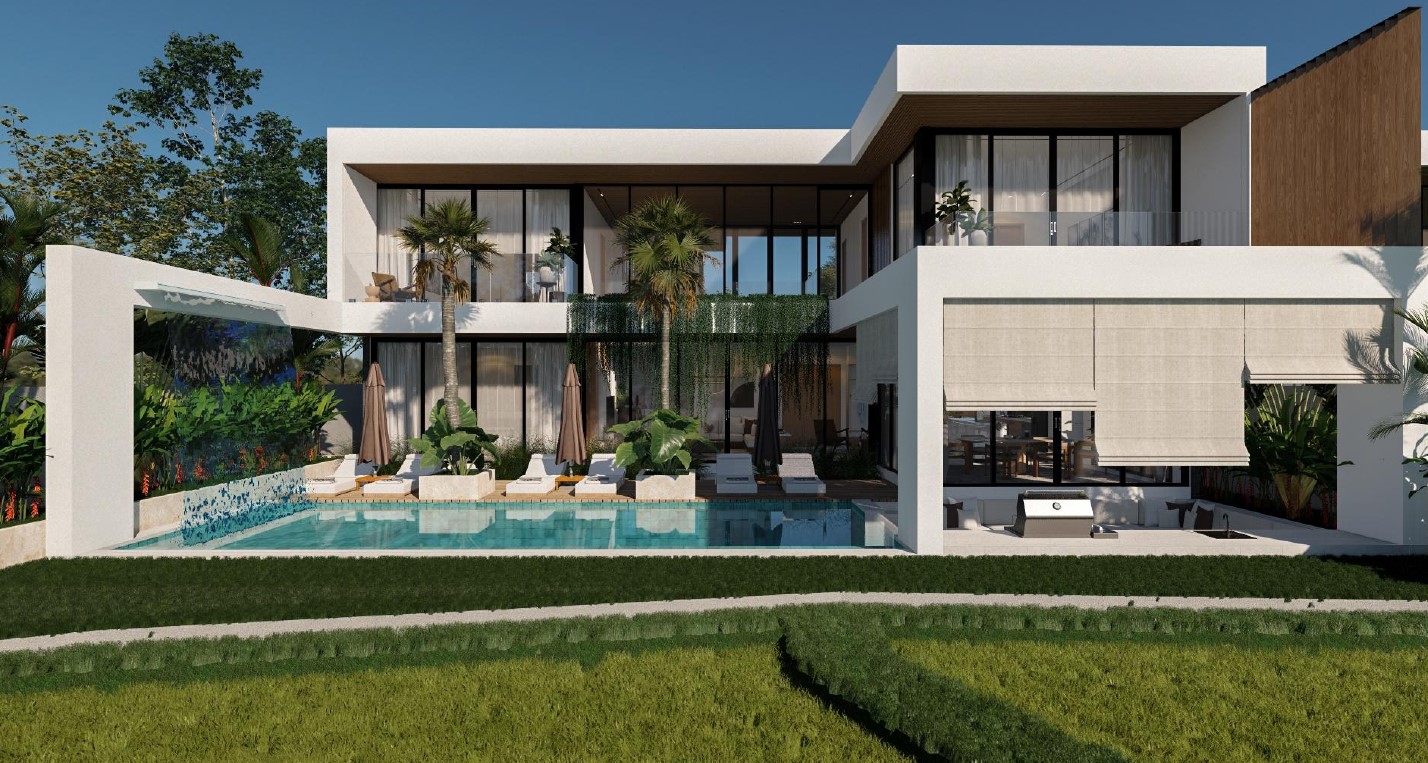 Modern house with pool and greenery