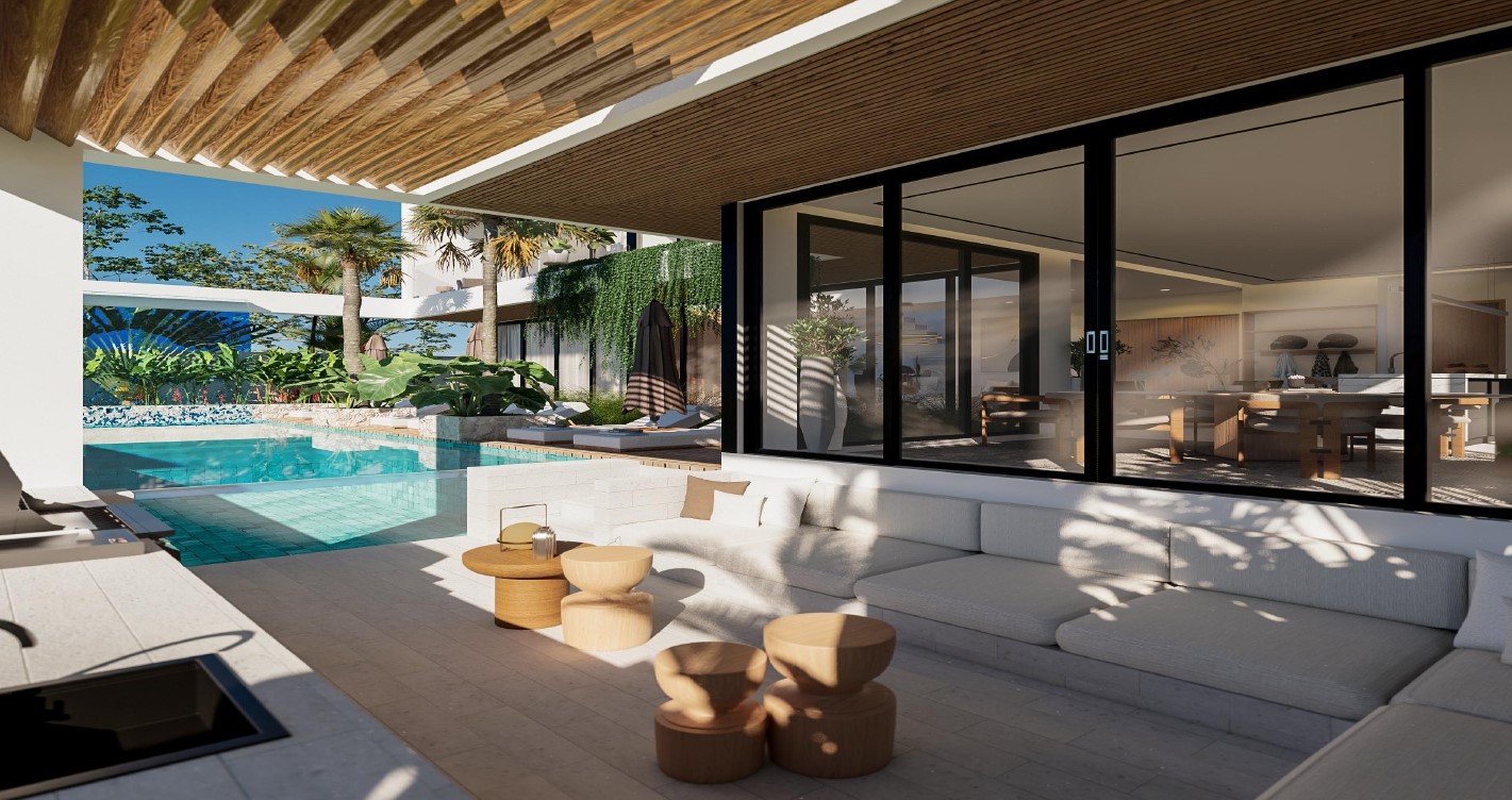 Modern patio with pool and seating area