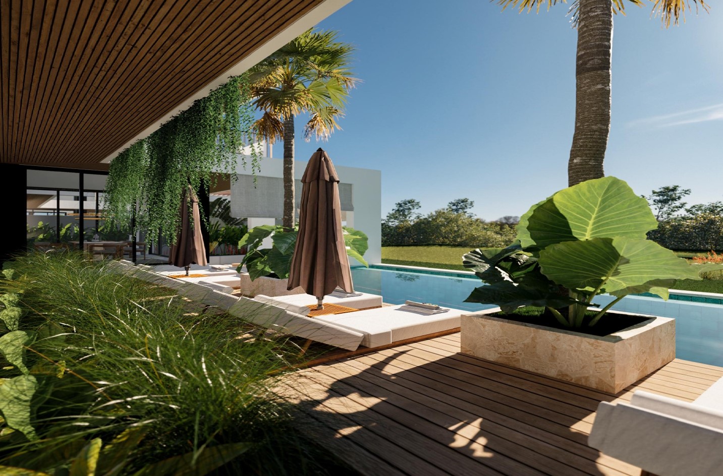 Modern patio with pool and lush greenery