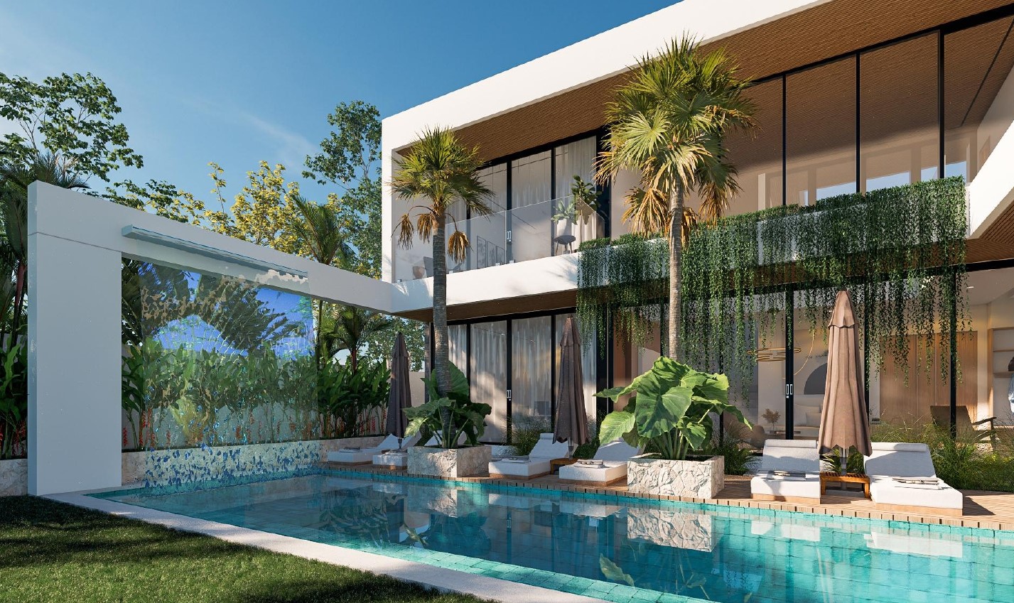 Modern villa with pool and palm trees