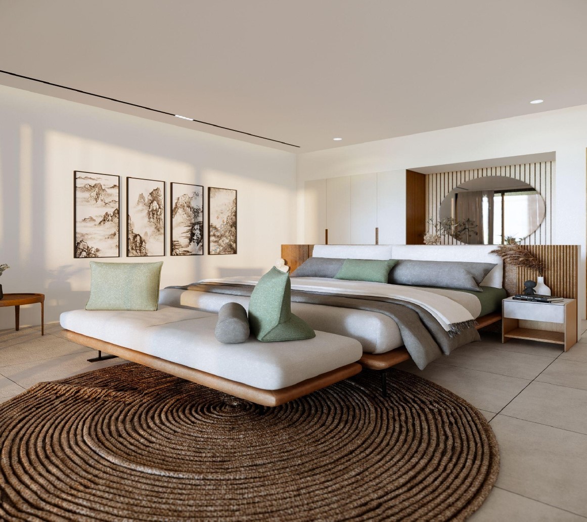 Modern minimalist bedroom with cozy decor.