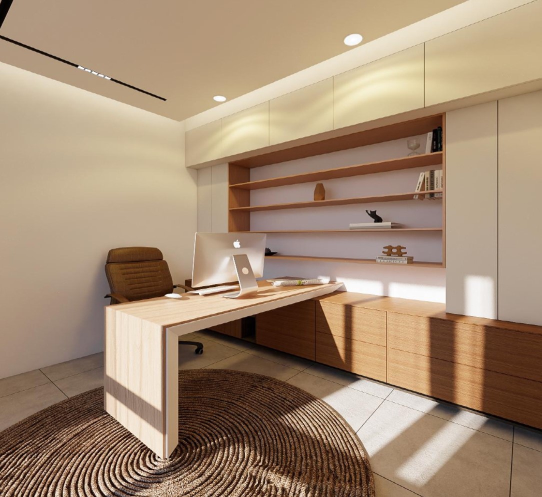 Modern minimalist office with wooden desk and shelves