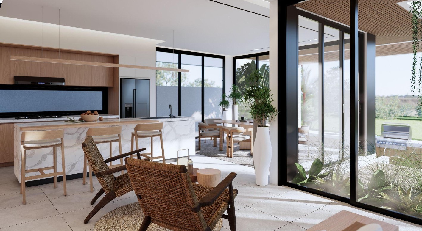 Modern kitchen with large windows and island.