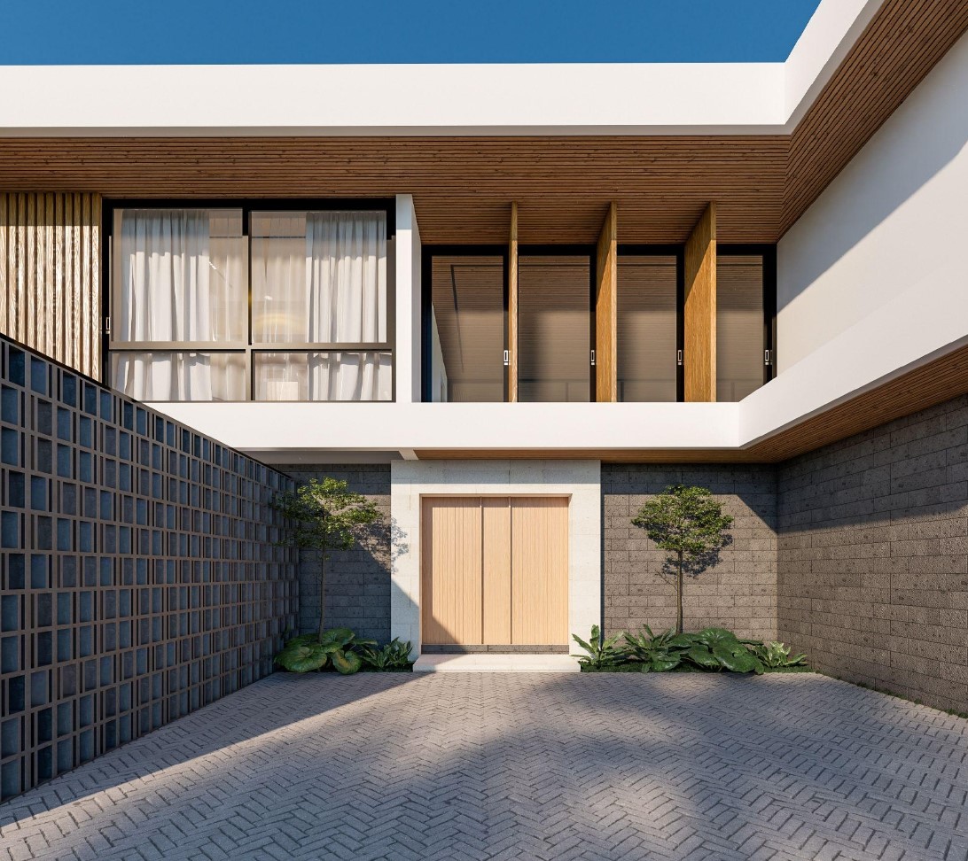 Modern house facade with wooden accents and plants