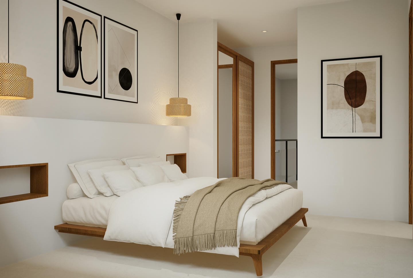 Minimalist bedroom with modern art and wooden touches.