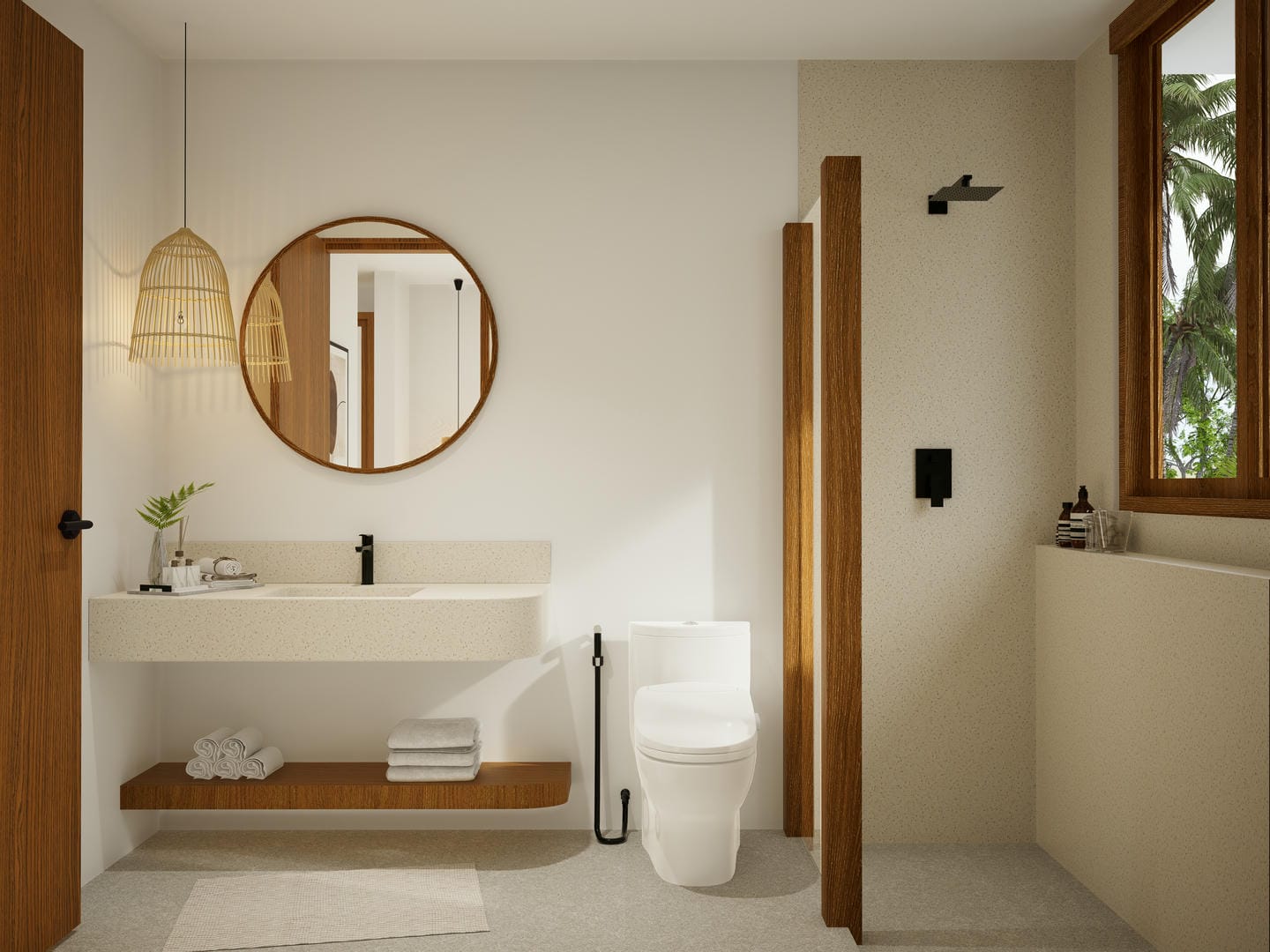 Modern bathroom with wood accents and round mirror.