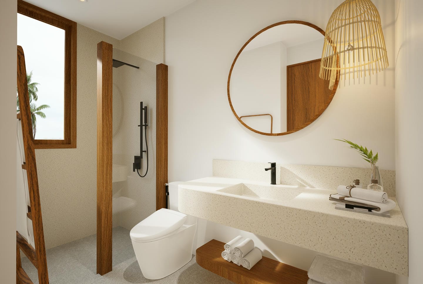 Modern bathroom with large mirror and wooden accents.