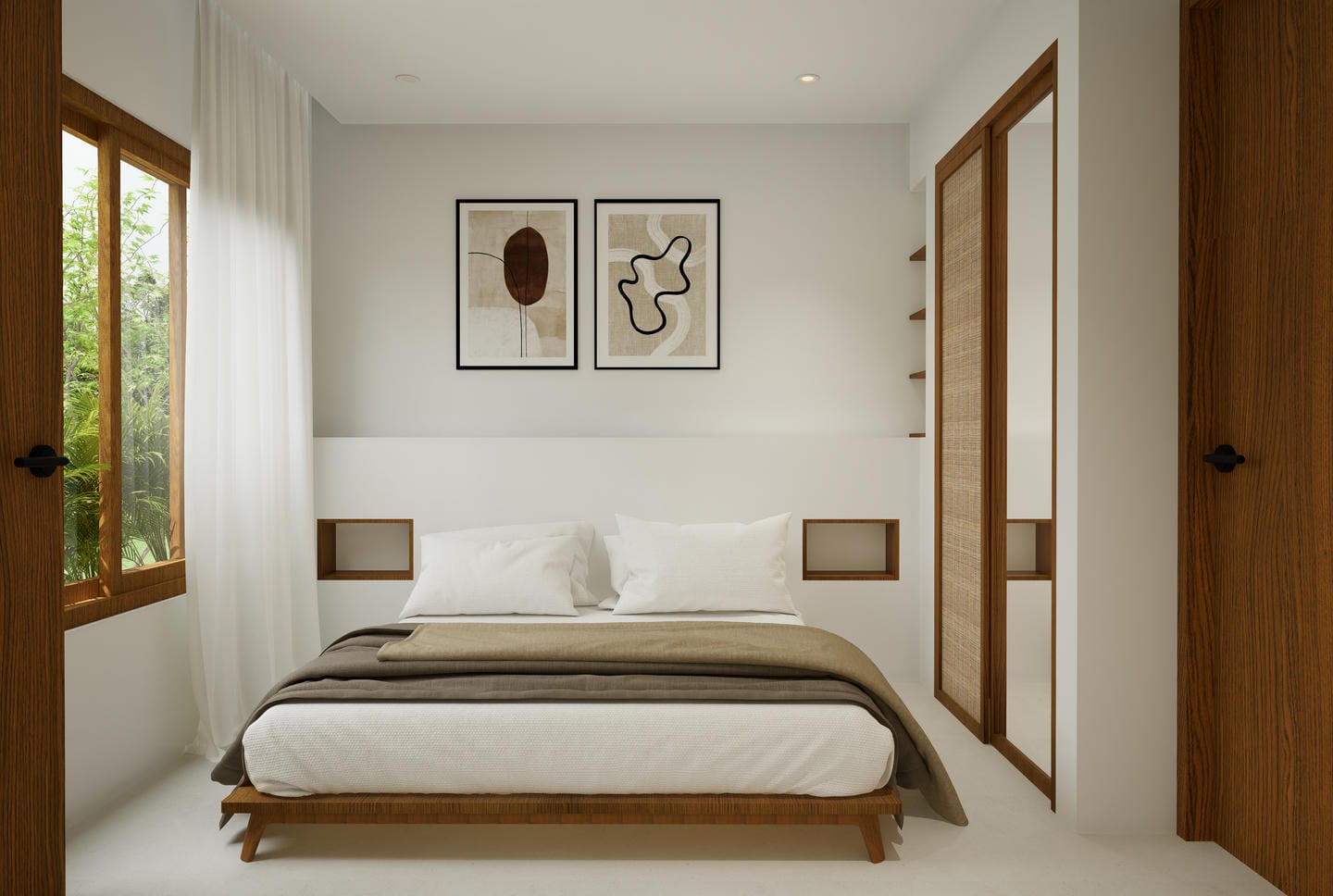 Minimalist bedroom with wooden accents and abstract art