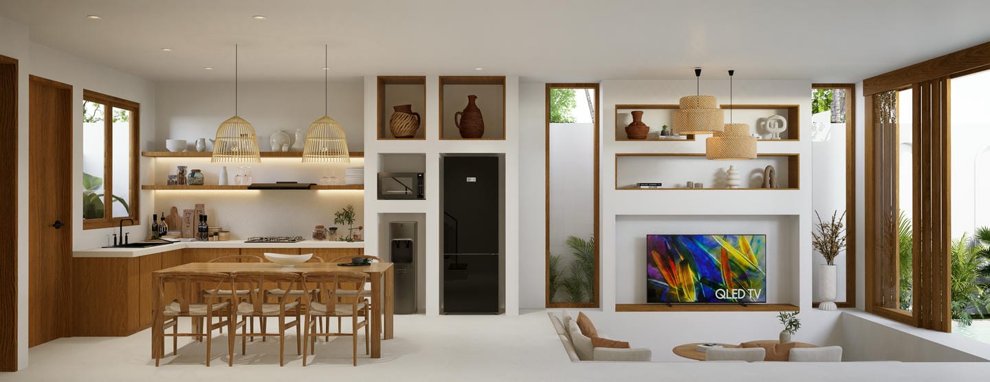Modern living room with kitchen and QLED TV