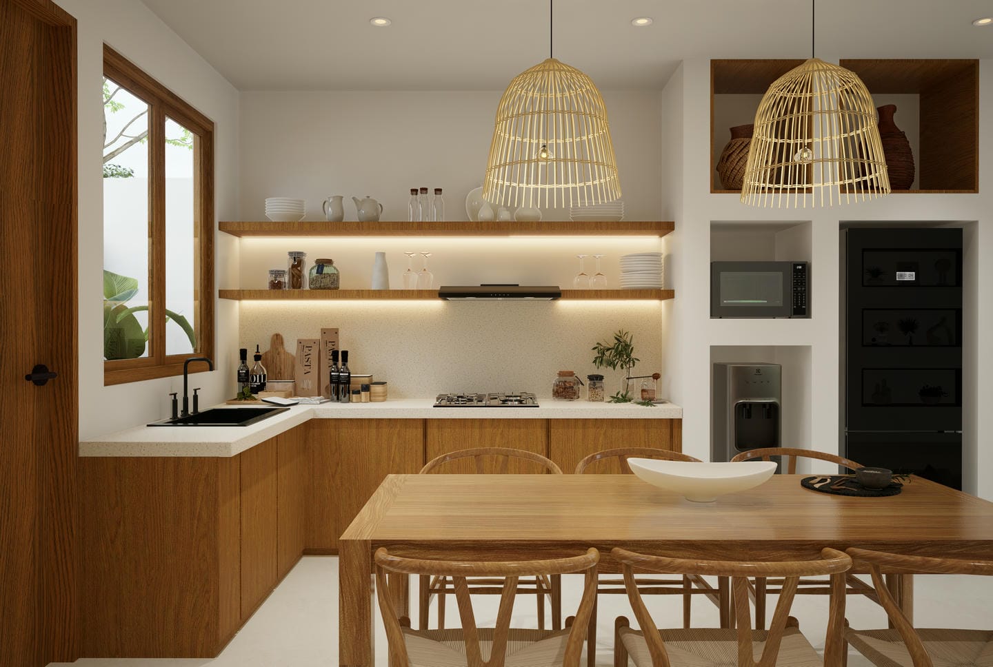Modern kitchen with wooden cabinets and dining table.