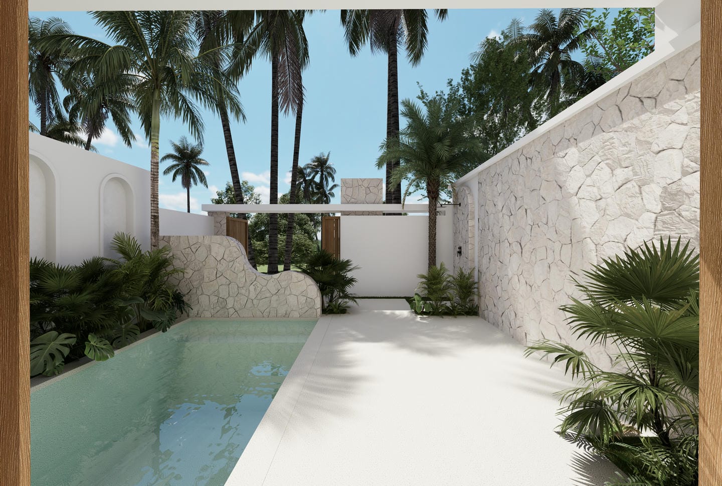 Tropical courtyard with pool and palm trees