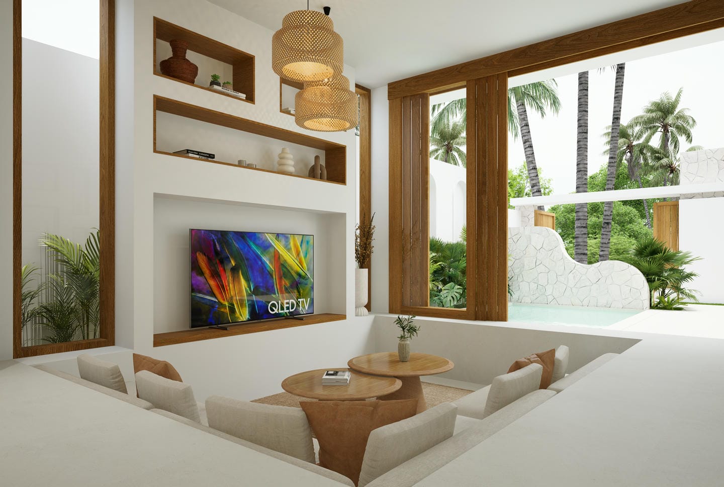 Modern living room with tropical pool view.