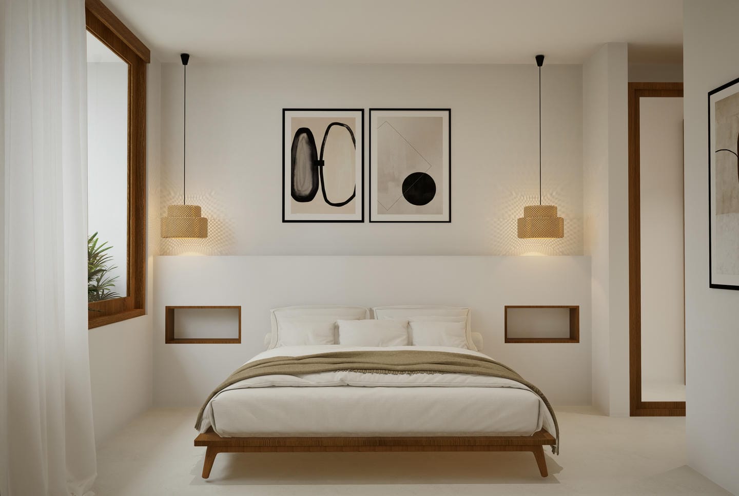 Minimalist bedroom with modern artwork and lighting